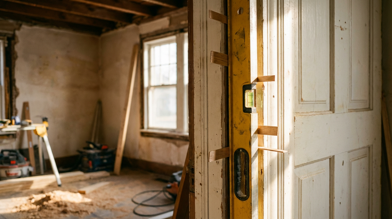 Skewed Frame Correction: How to Visually Correct Non-Rectangular Doorways in Old Houses Using Track Shims