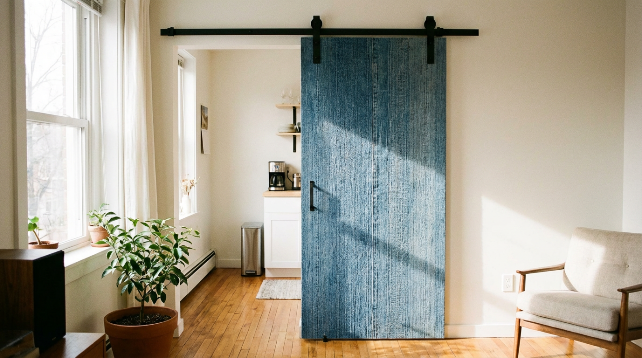 Recycled Denim Pressed Board: Blue Fabric Textured Barn Doors in the 2026 Eco-Trend