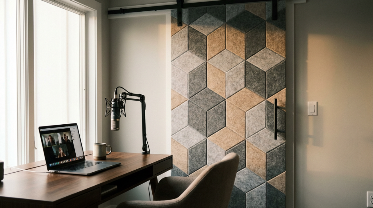 Video Conference Background: Acoustic Felt Collage Barn Door Designs Suitable for WFH