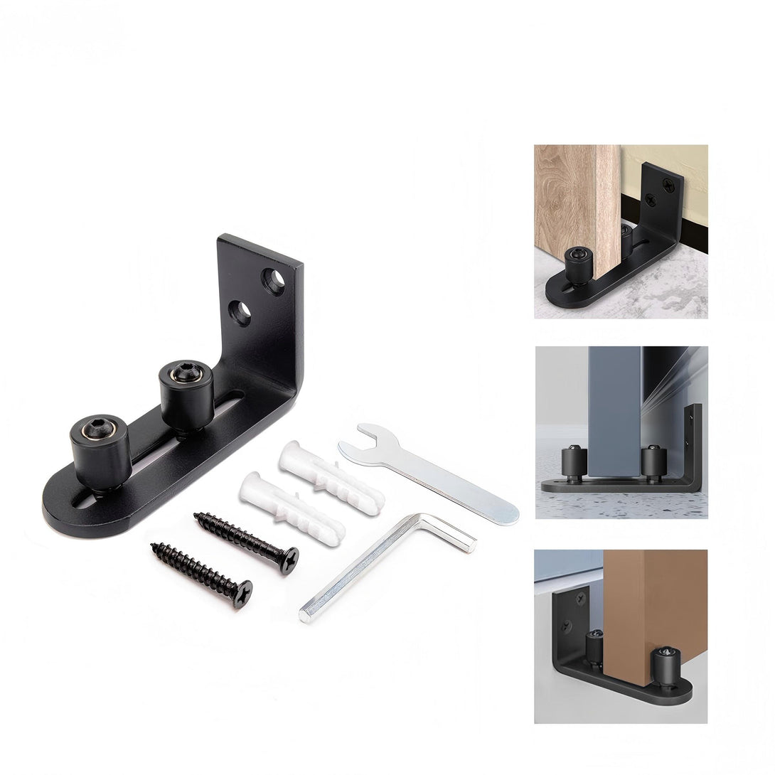 Wall mounted barn door floor guide kit, black metal, smooth sliding.