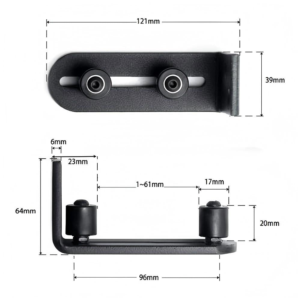 Wall-Mounted Barn Door Floor Guide - Black metal roller guide with dimensions for barn door hardware.