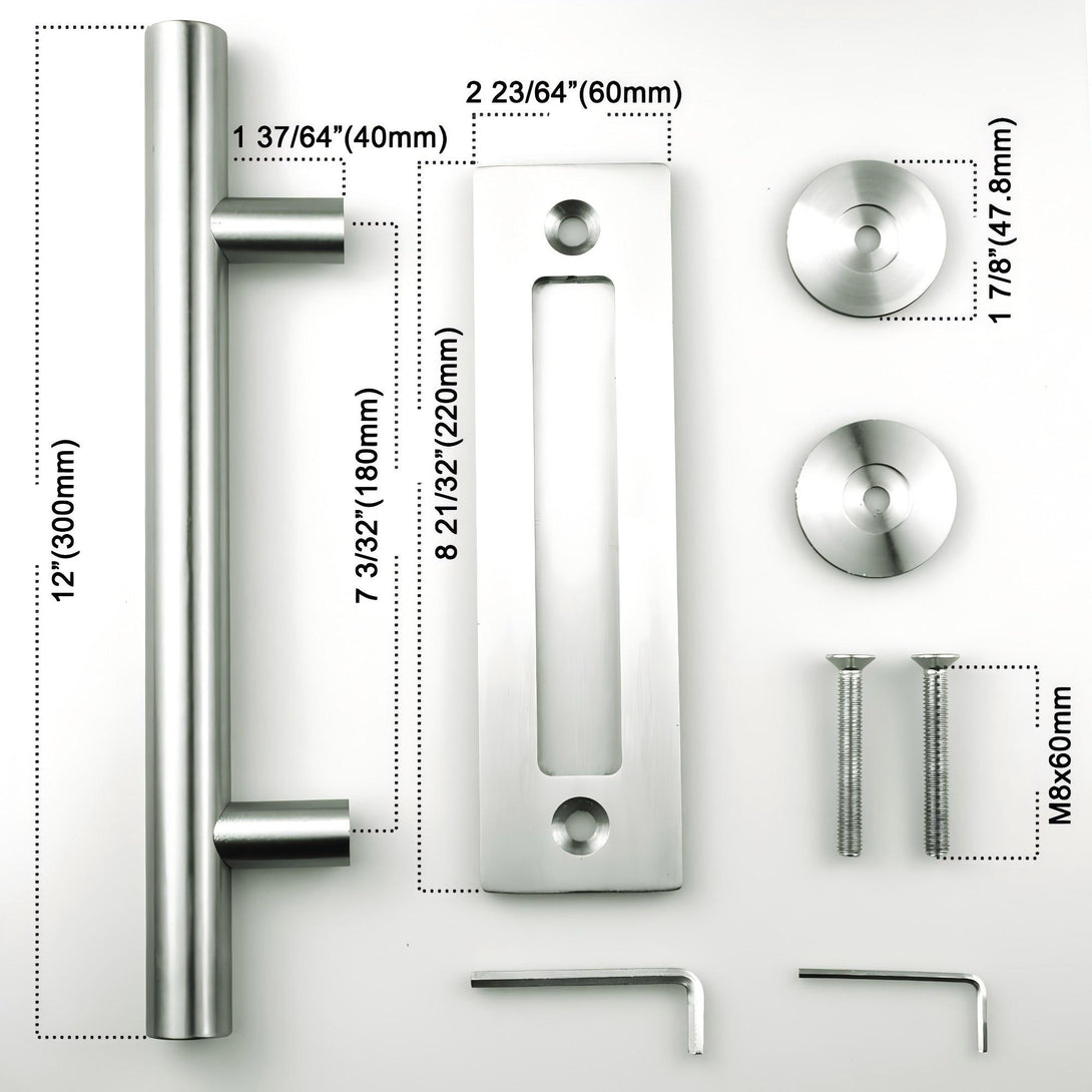 Stainless steel round barn door handle kit with dimensions, perfect for DIY barn door projects