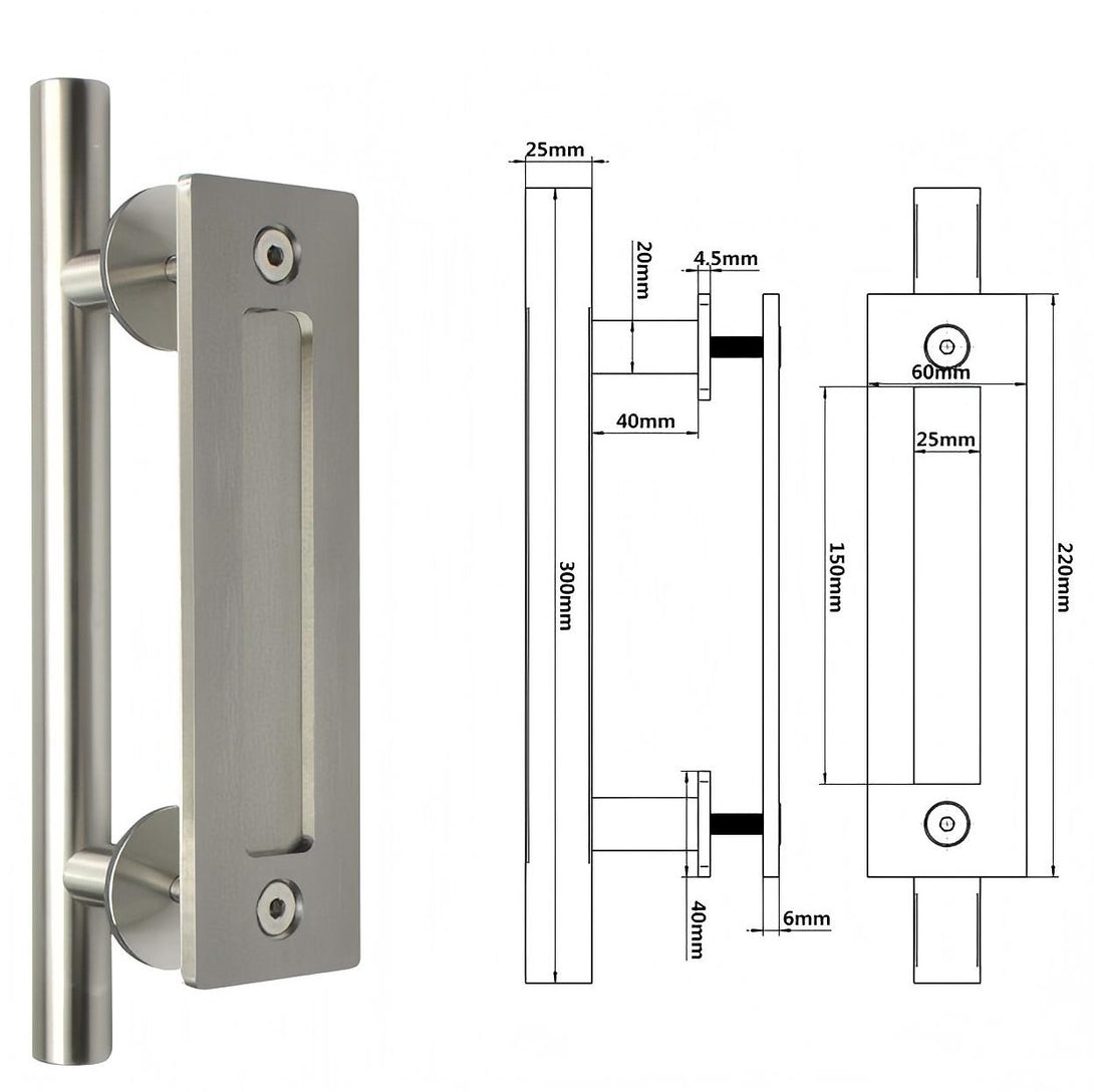 Stainless Steel Sliding Barn Door Handle, Brushed Silver, with Technical Drawing