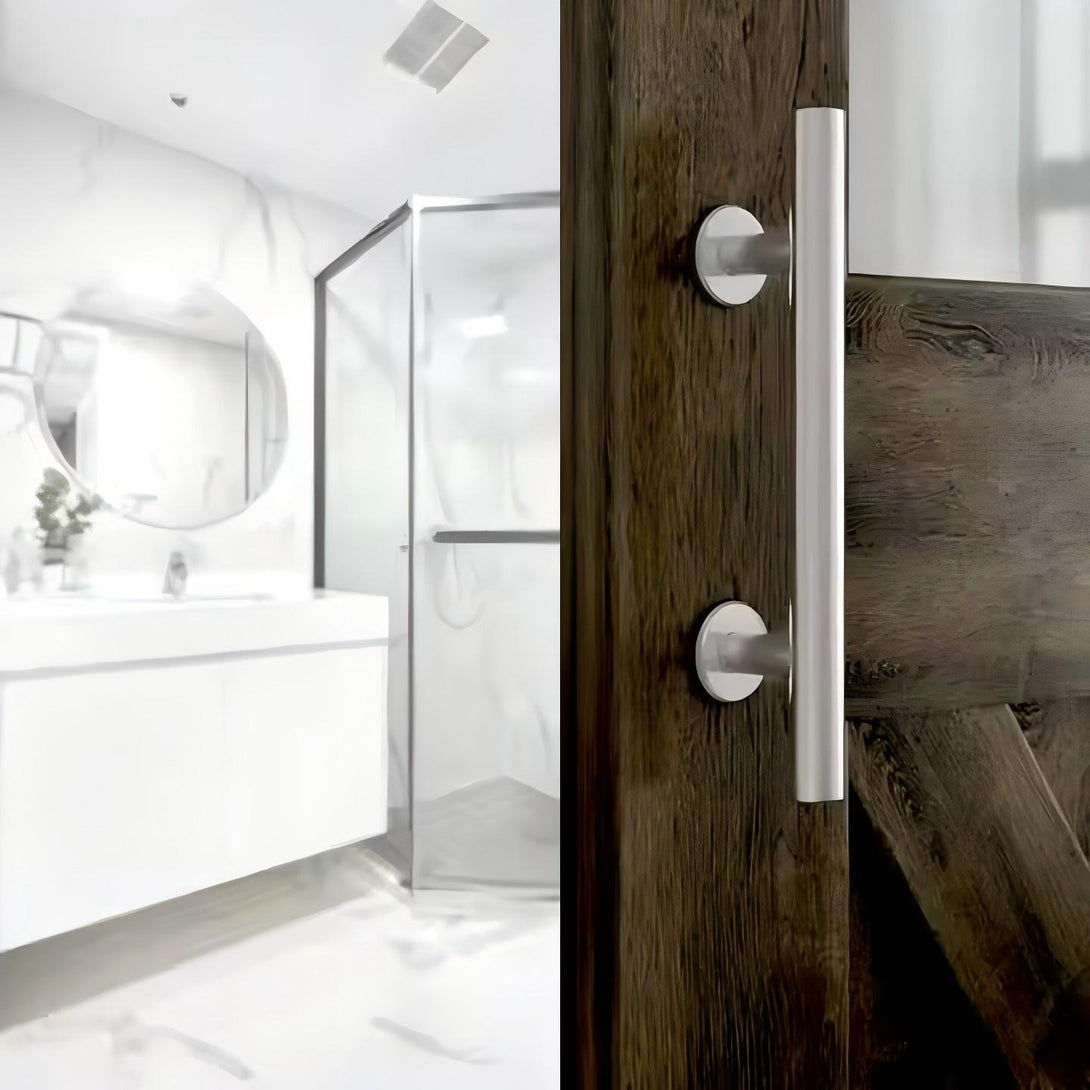 Stainless steel round barn door handle on wooden barn door, bathroom interior design