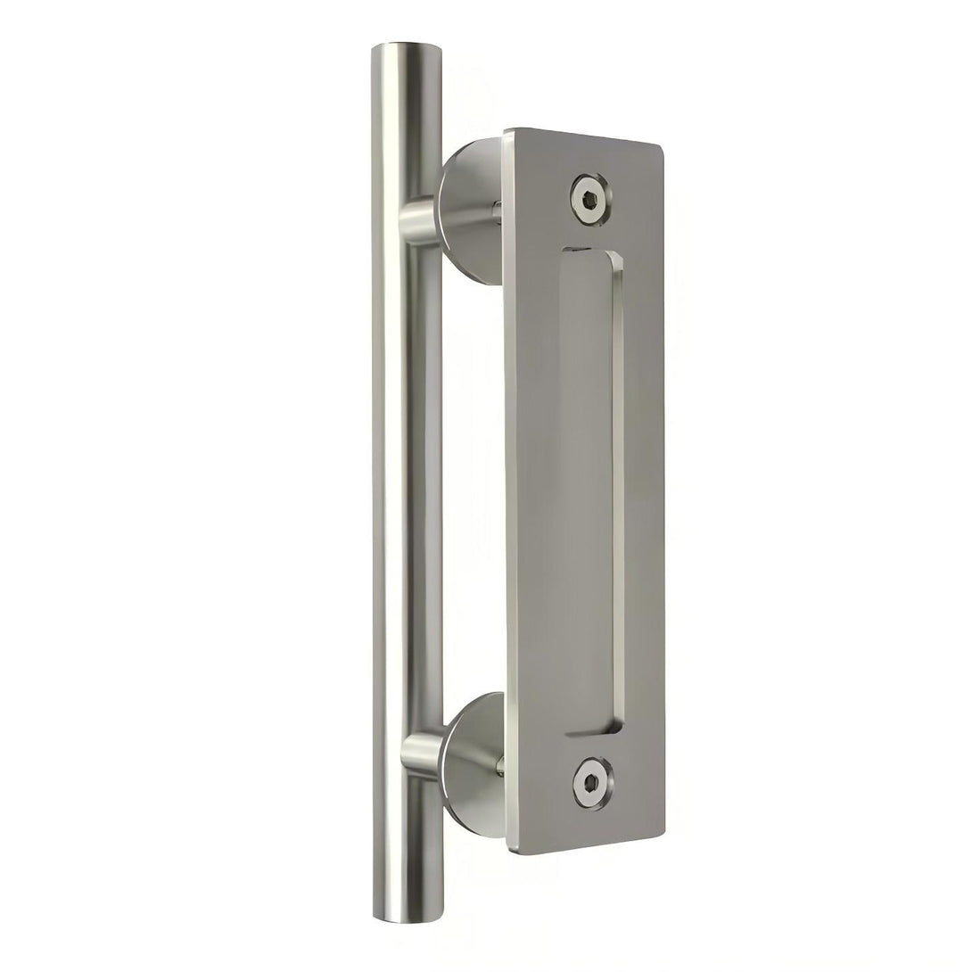Stainless Steel Round Barn Door Handle, brushed silver finish, ergonomic design.