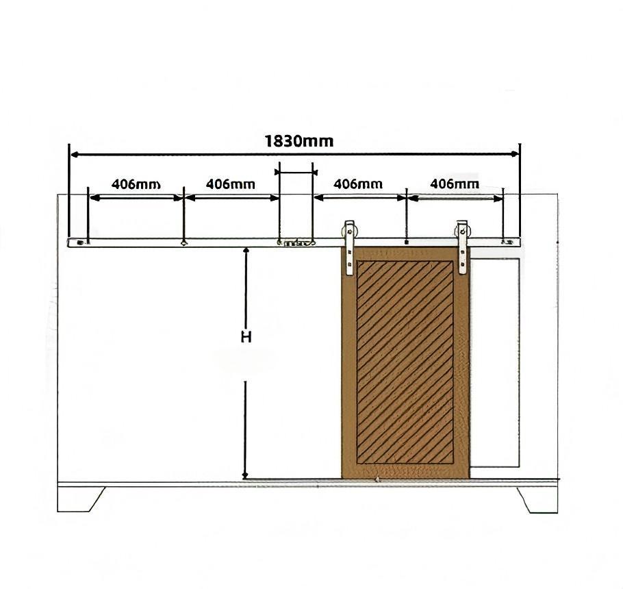 MCK54 Mini Barn Door Hardware Kit diagram with dimensions, showing sliding barn door hardware details and horseshoe hook.