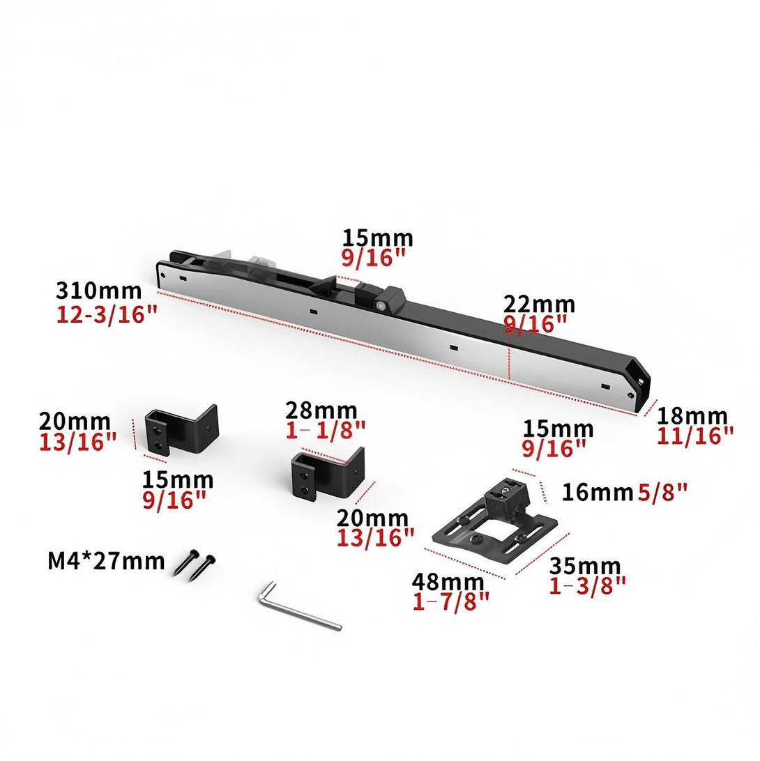 SCK39 Barn Door Soft Close Mechanism Kit components with dimension labels, ensuring smooth sliding door performance