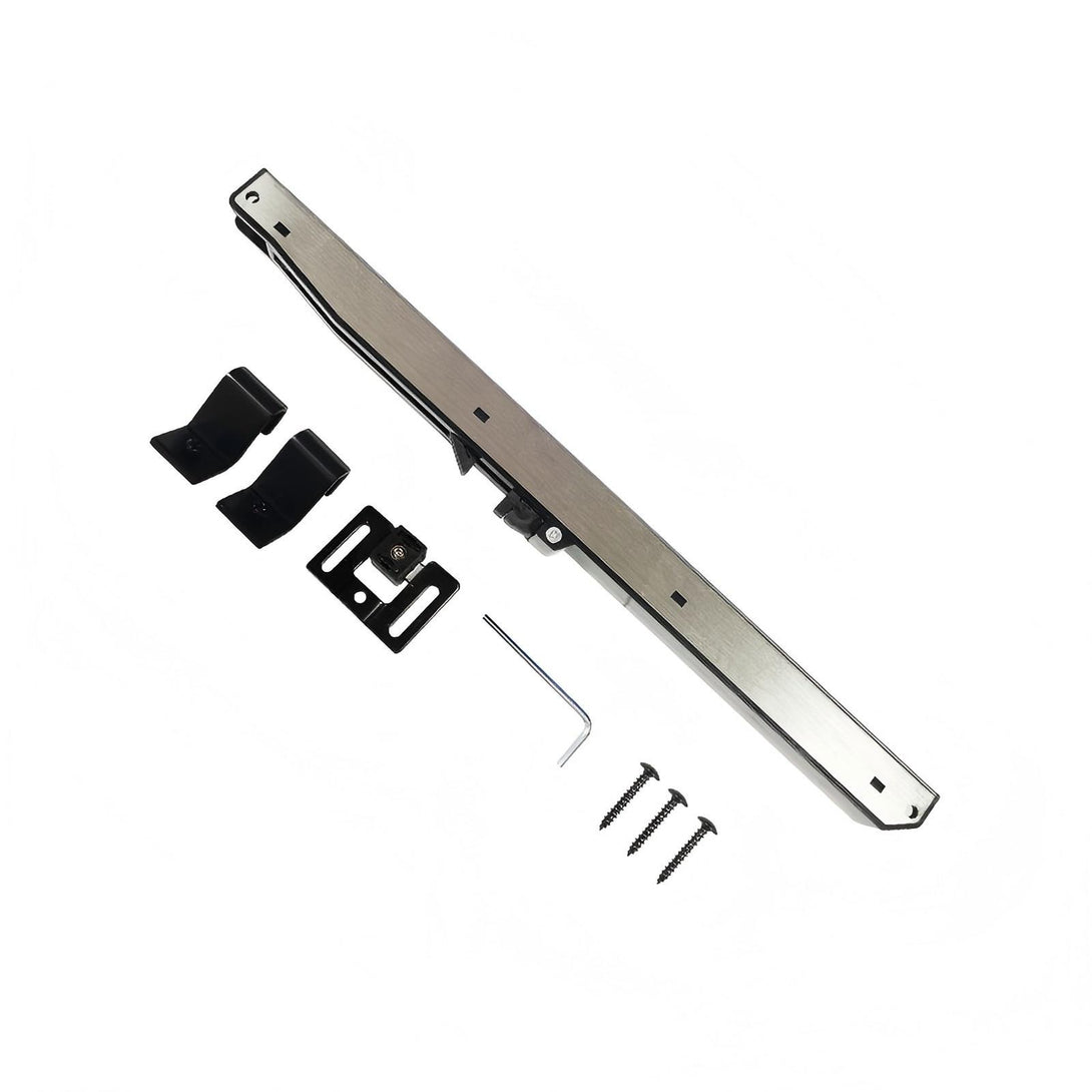 SCK39 Barn Door Soft Close Mechanism Kit components, silver track and black hardware for smooth sliding doors