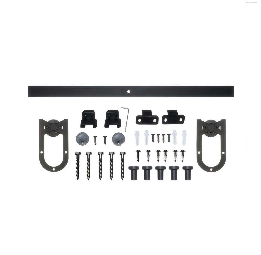 MCK54 Horseshoe Mini Barn Door Hardware Kit, black carbon steel, complete installation set.
