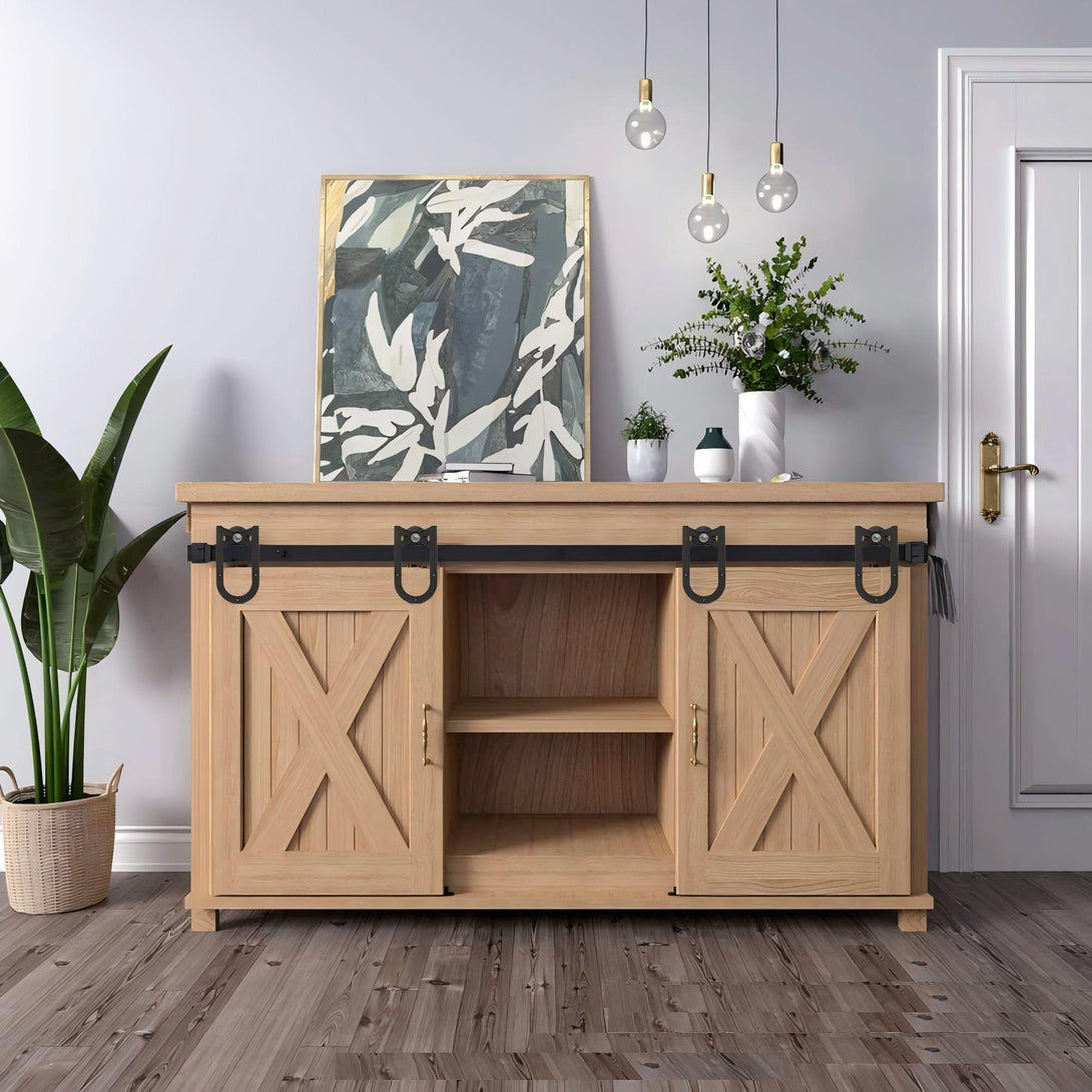 Wooden cabinet with barn door hardware kit, incorporating horseshoe-shaped hooks for a farmhouse style.