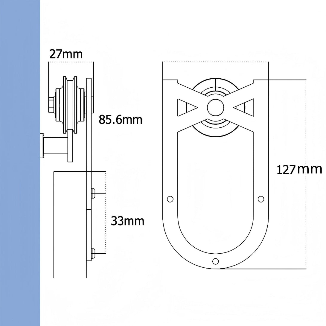 MCK54 Mini Barn Door Hardware Kit detailed dimension diagram, black carbon steel horseshoe design.