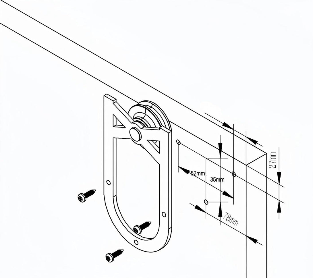 MCK54 Mini Barn Door Hardware Kit diagram, horseshoe hook with dimensions for sliding barn door hardware.
