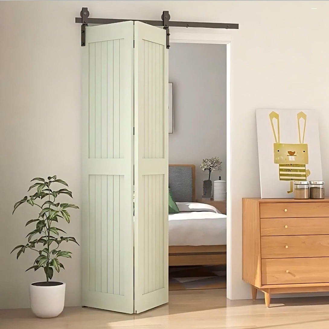 Green Bifold Barn Door with Black Hardware Kit - Perfect for small spaces