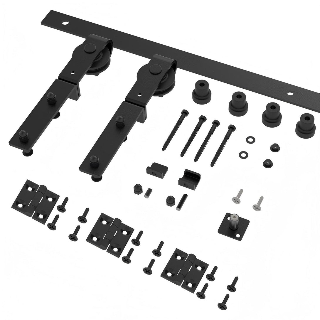 Black BDK09 Bifold Barn Door Hardware Kit, ideal for small spaces. Includes J-shape hangers, track, and hardware.