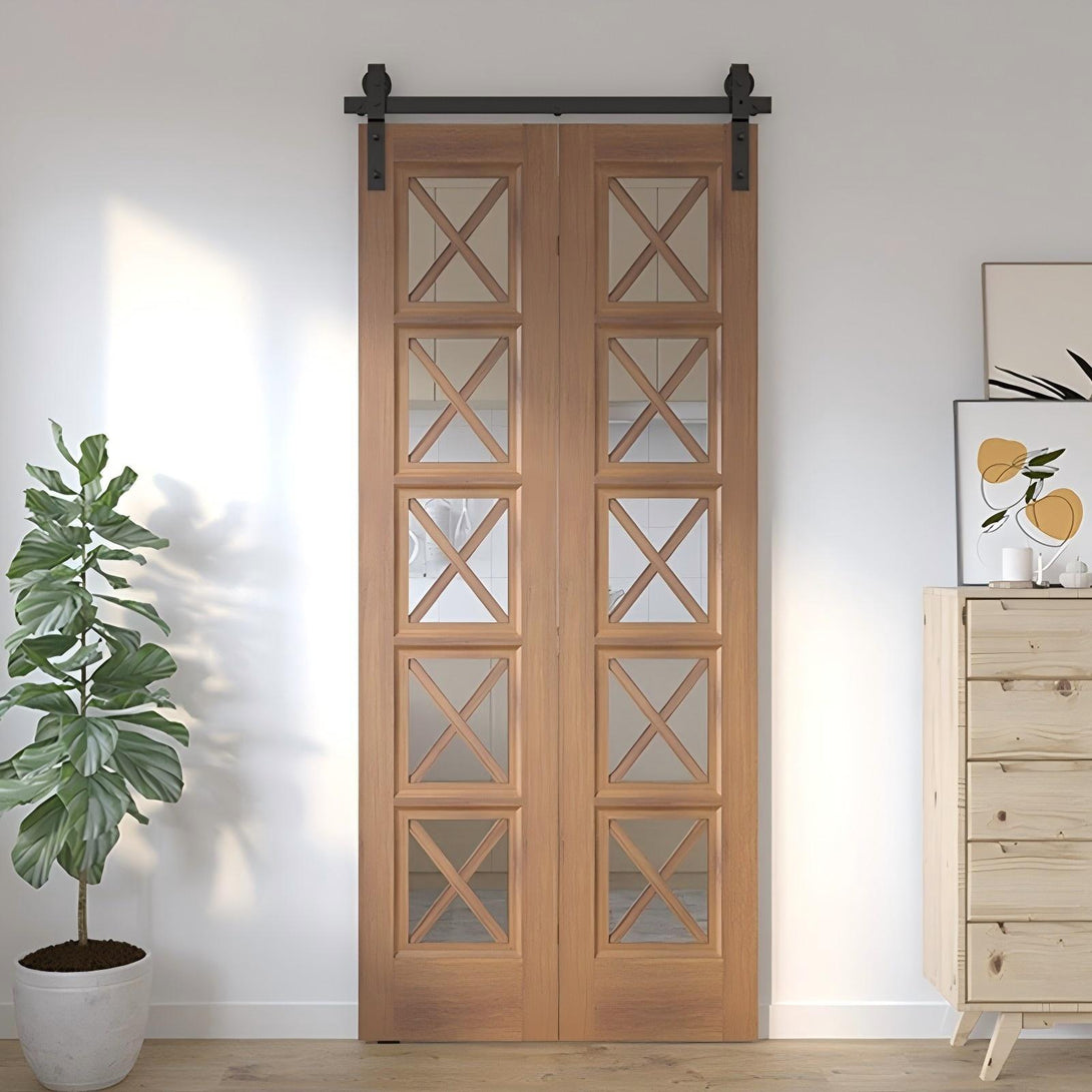 Double barn door with grid design and black hardware, perfect for home improvement projects.