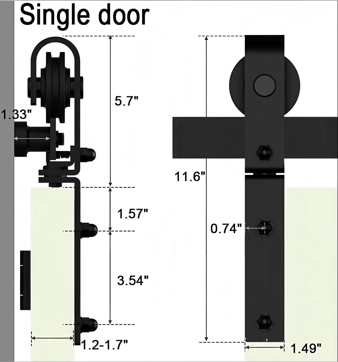 Single door barn door hardware kit with dimensions. Carbon steel black sliding barn door hardware for small spaces